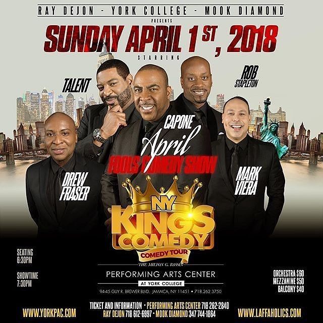 Raydejon's tweet photo. We’re back with our April Fools Comedy Show, April 1st at the Milton G Bason Performing Arts Center #YorkCollege with #Talent #RobStapleton #MarkVera #DrewFraser #Capone https://t.co/0QquaZUbAm