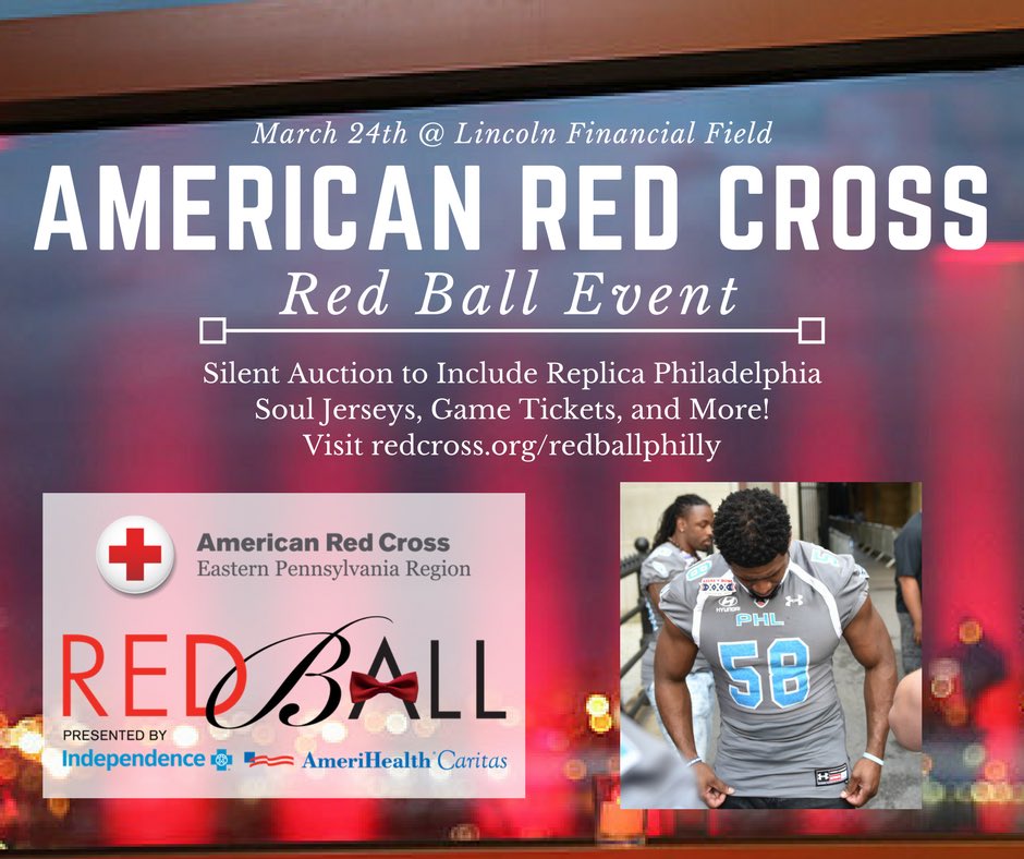 We are excited for @RedCross_EastPA’s premier party, Red Ball on March 24th at <a href="/LFFStadium/">Lincoln Financial Field</a>. Guests will have the opportunity to bid on a Soul customized Under Armour replica jersey and four season tickets (value $960) at the silent auction. Visit redcross.org/redballphilly