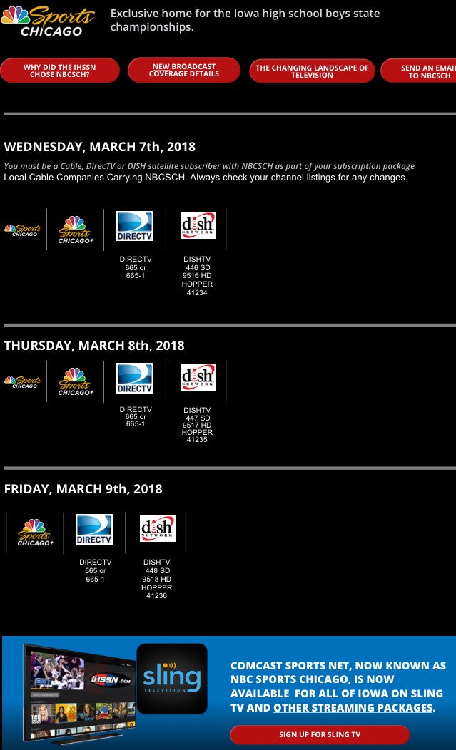 Not gonna make it to the game on Tuesday? Here’s the link to the website for the live stream. ihssnlivestream.com They are only live streaming the Quarterfinals and Consolation games. Semifinals and Championship games will be on tv. Channels listed in photo below.