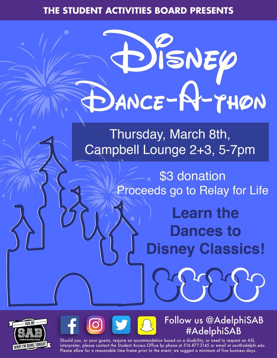 AdelphiSAB's tweet image. On Thursday March 8th learn how to dance to your favorite Disney Classics! We'll be in Campbell Lounge 2+3 from 5-7pm. $3 to enter. Proceeds go to Relay. #AdelphiSAB
