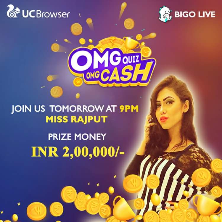 AliaaBhattWorld's tweet photo. Play OMG QUIZ OMG CASH on 5th March @ 9pm for grand prize money of INR 2,00,000/-Participate for this grand prize money with our host Miss Rajput on id: OmgQuizOmgCash only on BIGO LIVE.

Download the @BIGOLIVEapp now: https://t.co/3v1DEhMANm

#OMGCASH #BIGOLIVE https://t.co/yZFWUrPaeU