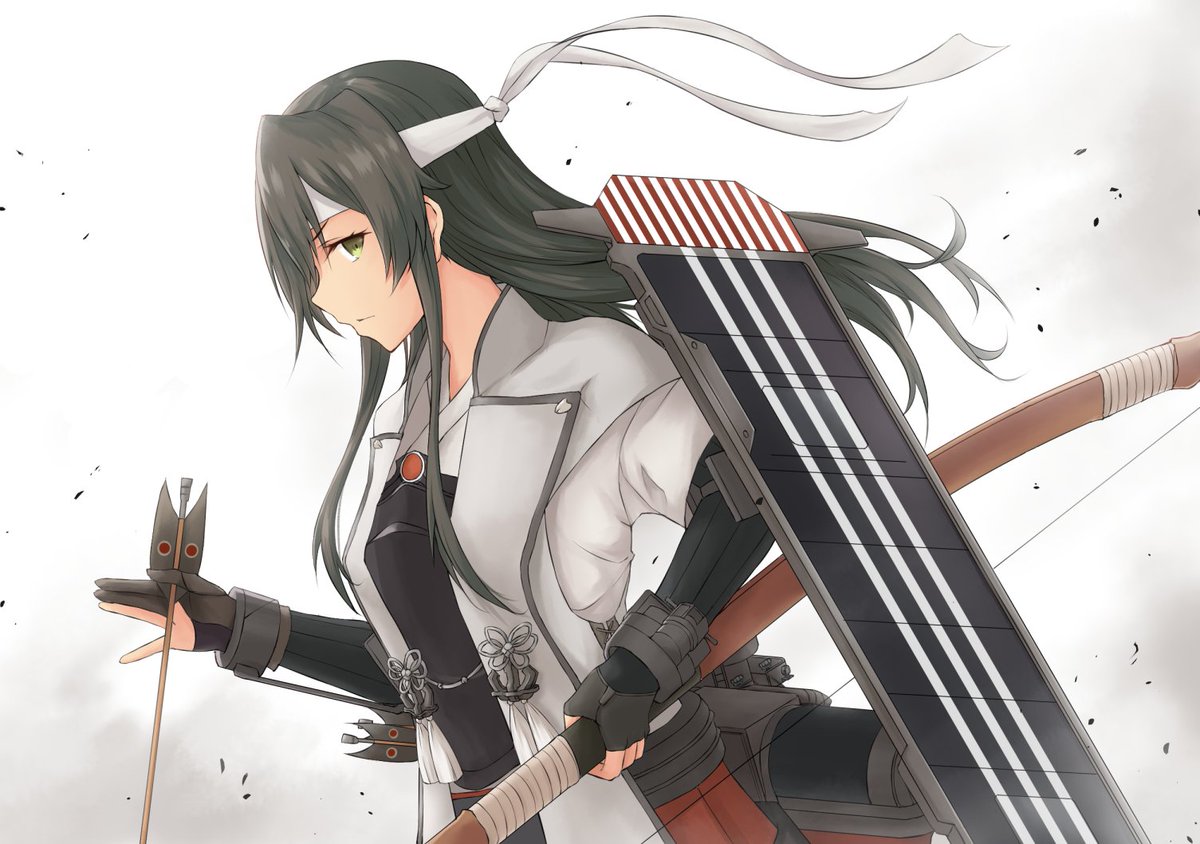 zuikaku (kancolle) 1girl long hair solo flight deck muneate green eyes weapon  illustration images