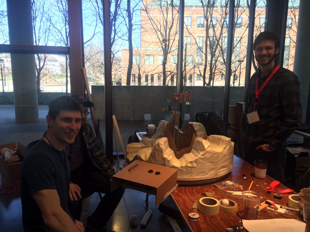 hackohio's tweet photo. Beautiful morning at #makeohio ! Teams have less than thirty minutes remaining before judging and are putting finishing touches on their projects -- everything from bird houses to physical video games! https://t.co/7HwPsx9Syc