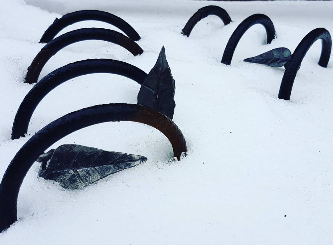 AnvilZack's tweet photo. As the snow begins to melt, one final picture amoung the ice white dust of winter. The leaves and the coil spring they're made from.

#AnvilZack #blacksmithing #handforged #zacksmith #anvil #forgedinfire #metalwork #blacksmith #forge https://t.co/j6vsbUgSsN