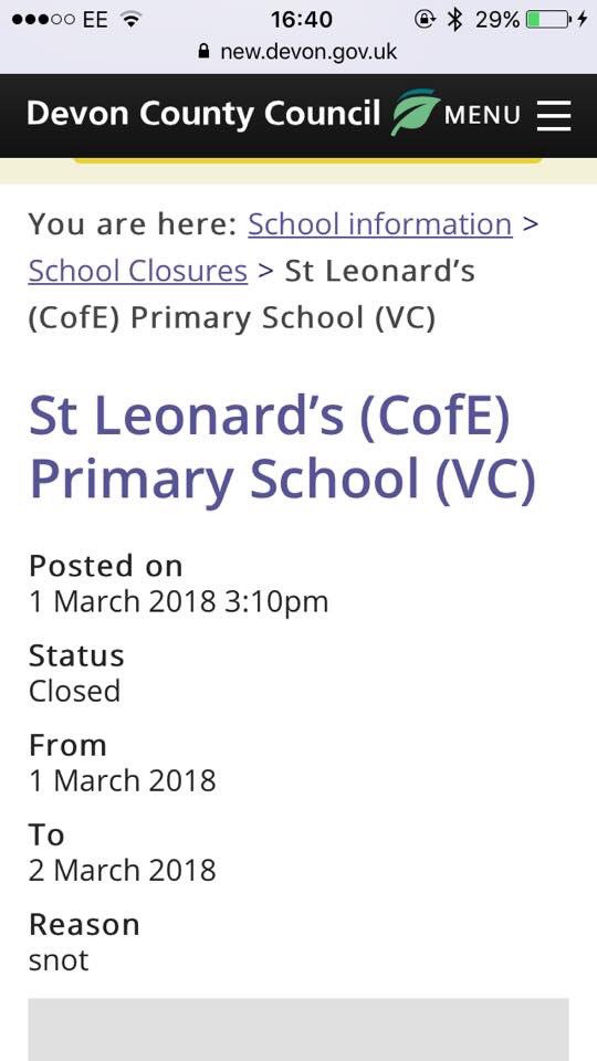MissUpson's tweet photo. Typos always make me giggle. This one is a good’un. What a great reason for a school closure. We’d be closed all the time! #edchat @ICT_MrP https://t.co/qvKO8dGZnS