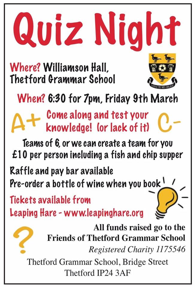 Last call for tickets for Quiz and Chips Night on Friday 9th March! Tickets from <a href="/leapinghareorg/">Leaping Hare</a> and the cash bar is provided by <a href="/OldSkoolBarThet/">Old Skool Bar</a> ! Prizes, a raffle, and a bit of a giggle! Booking essential. #thetford #quiz #fundraising #competativespirit #Norfolk #WhatsOn #fun