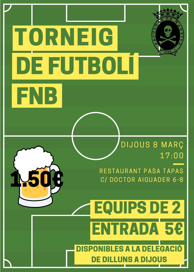 deleFNB's tweet photo. La delegació d'estudiants de la faculltat de nautica us invita a participar al torneig de futbolin 2018, aquest es farà al bar pasa tapas, que es troba al costat de la facultat.

Els equips seràn de 2, i el preu de la inscripció son 5 euros per equip.
Sort! https://t.co/hJrWoHfNnB