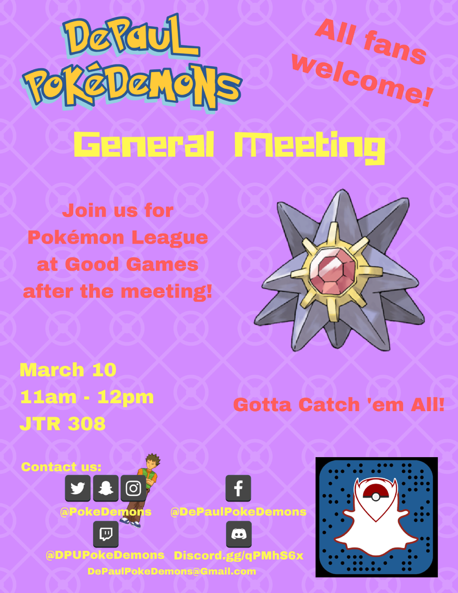 PokeDemons's tweet photo. Hey #PokéDemons!
Our tenth GM of the quarter will be this Saturday, Mar 10 from 11am-12pm! After the meeting, from 1-4pm, we will head over to @GGsChicago for #PokemonLeague!
Join the event here: https://t.co/neQFb7PNi0
#Pokemon #DePaul #VG2018 #TCG https://t.co/kk9rm02Hn2
