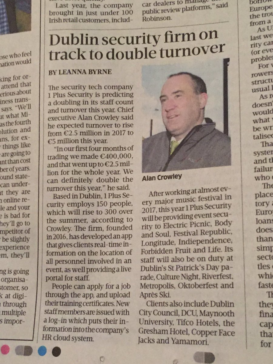 emitsolutions's tweet photo. Great coverage for @1plusSecurity in the Sunday papers today. Fantastic Irish success story. Delighted to be their technology partner. #DigitalTransformation #Microsoft https://t.co/rC0SBd97QY