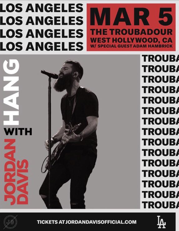 JordanCWDavis's tweet photo. Tomorrow I'm playing #TheTroubadour in West Hollywood, CA &amp; my friends #BootsOnStage are hosting a meet &amp; greet for you to come hang w/ me before the show! Tag your +1 to enter &amp; follow @BootsOnStage for more info. Contest is open to ticket holders only. https://t.co/fnAvjsBjJK https://t.co/FSpwRx5nMR