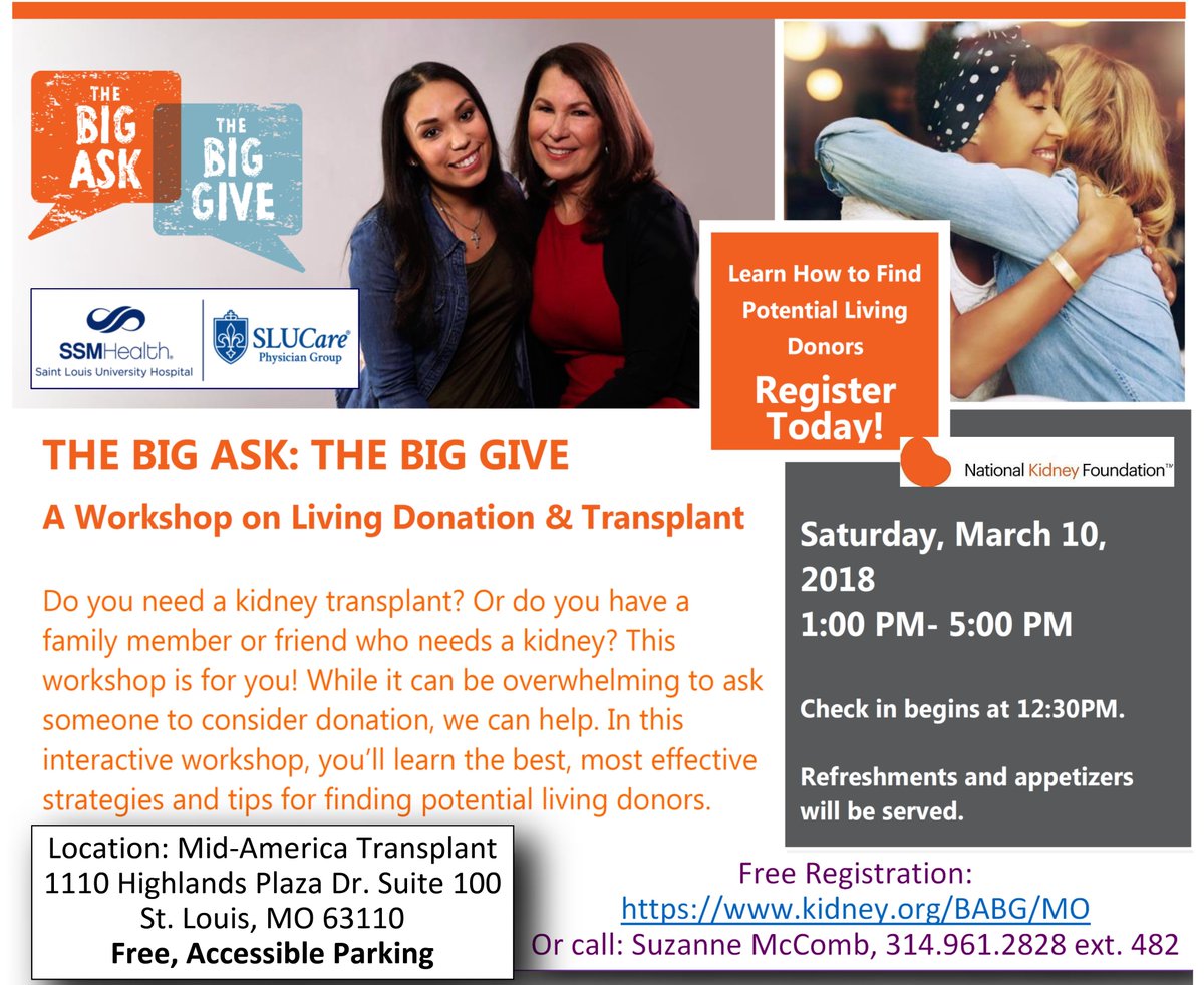 Looking forward to our <a href="/SLUHospital/">SLU Hospital</a> <a href="/nkf/">National Kidney Foundation</a> “Big Ask-Big Give” event Saturday, March 10. This 4-hr workshop teaches kidney patients and their families to share about #KidneyDisease and their need for a #LivingDonor. Free Registration below or call with questions. @midamtransplant