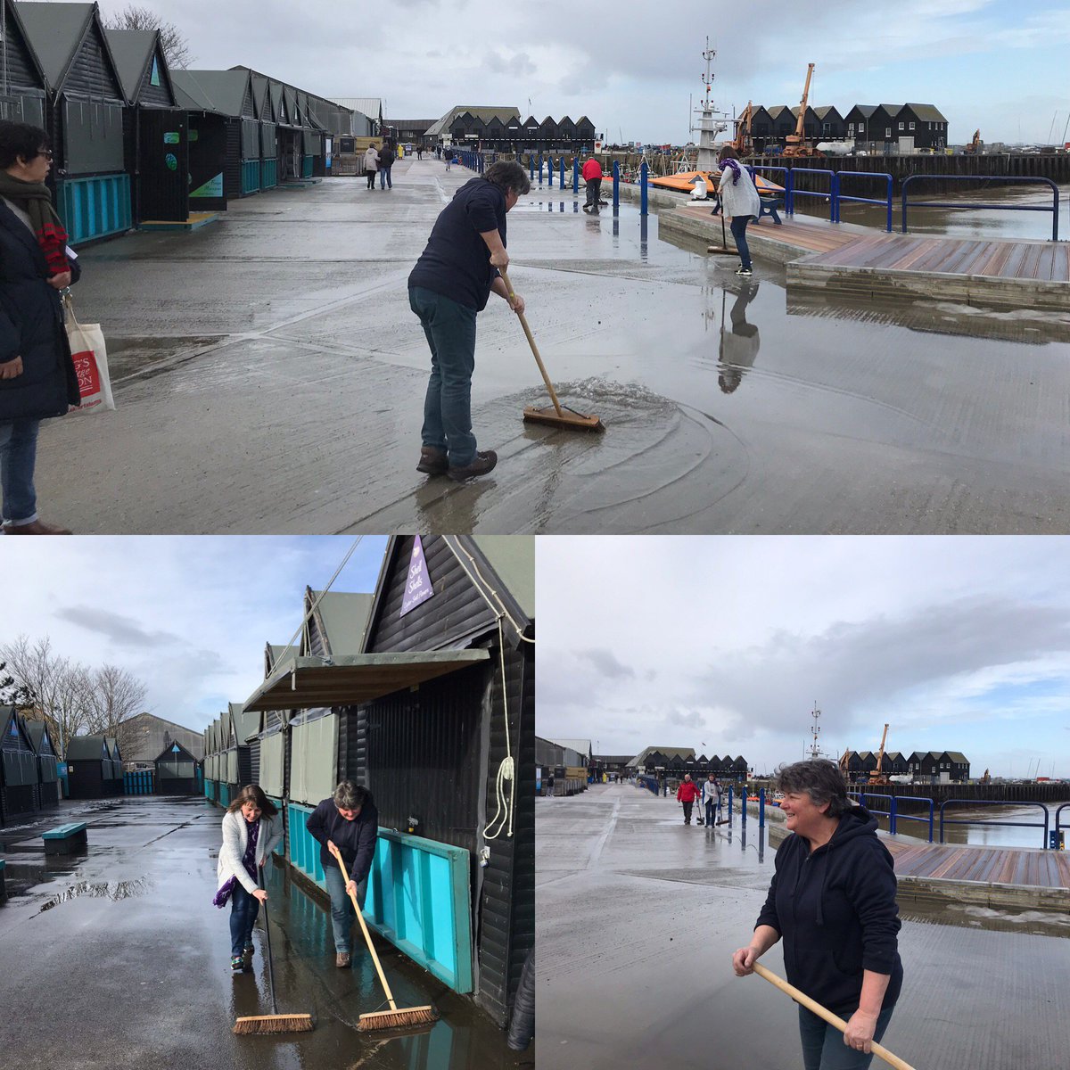 TheCandyGallery's tweet photo. Pictures taken early this morning. A burst water pipe and flooded harbour will not deter the traders at the harbour huts... what a great team we have! #whitstable #harbour #huts #workingtogether #supporteachother https://t.co/nikbhOTrR8