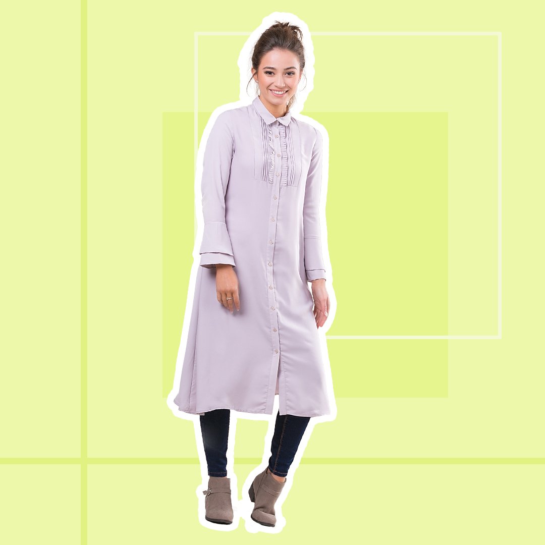 The Ameena shirt dress in grey... shop the Ameena in mint too! 
Pastel colours are perfect for this time of the year <3 
#anaya #fashion #clothing #dress #frill #ruffles #pastel #smart #formal