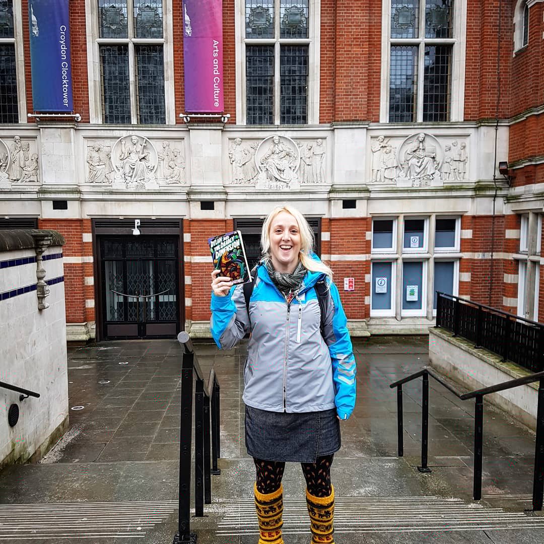 MBardwellWrites's tweet photo. Took @wigglesweets on a tour of Croydon spots that appear in my book Dylan and the Deadly Dimension today. We ended up in a few odd realities, met a sinister bookseller and were chased by cement people. But we escaped the Deadly Dimension and have made it home in time for tea. https://t.co/wwXBfug4GJ