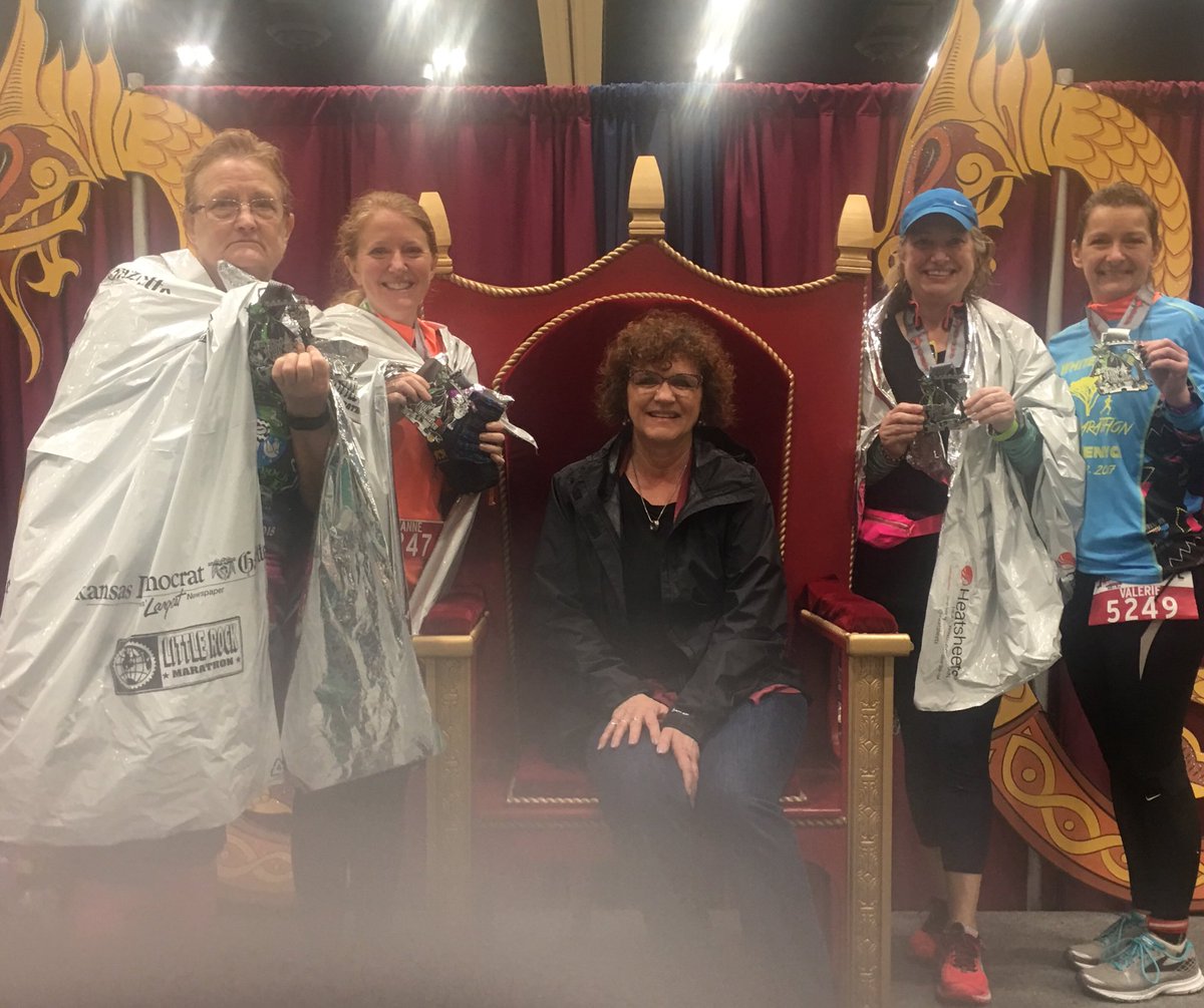 felicedennis's tweet photo. So bummed my messed up knee kept me from participating in today’s LR Half. I met my girls at the finish line and they let me sit on the throne with them in a finish pic. #LRhalf #LRMarathon #fellowrunninggirls https://t.co/qu6MjVhDEu