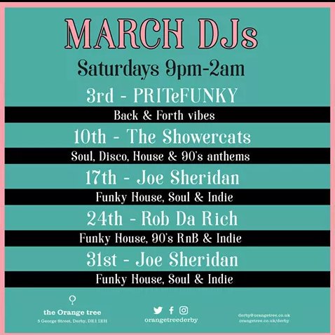 orangetreederby's tweet photo. Last night we had the fabulous @PRITeFUNKY, but if you missed him we are only one week into our fab line up of DJs for the month! Catch The Showercats next Saturday from 9pm! #orangetreederby #pritefunky #theshowercats https://t.co/CtUM11QTMf