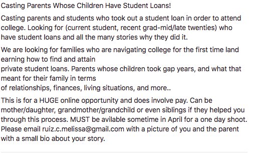 castingtvshows4's tweet photo. Casting parents and students who took out a student loan in order to attend college. Looking for (current student, recent grad-mid/late twenties) who have student loans and all the many stories why they did it. https://t.co/UjSmAxJmN2