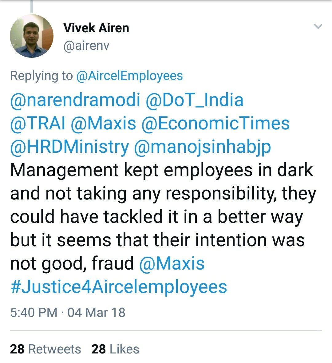 zoo_bear's tweet photo. Here are #Aircel Employees Tagging Govt official handles for help.
#Justice4Aircelemployees #Aircelemployees https://t.co/EEkpNIHY43