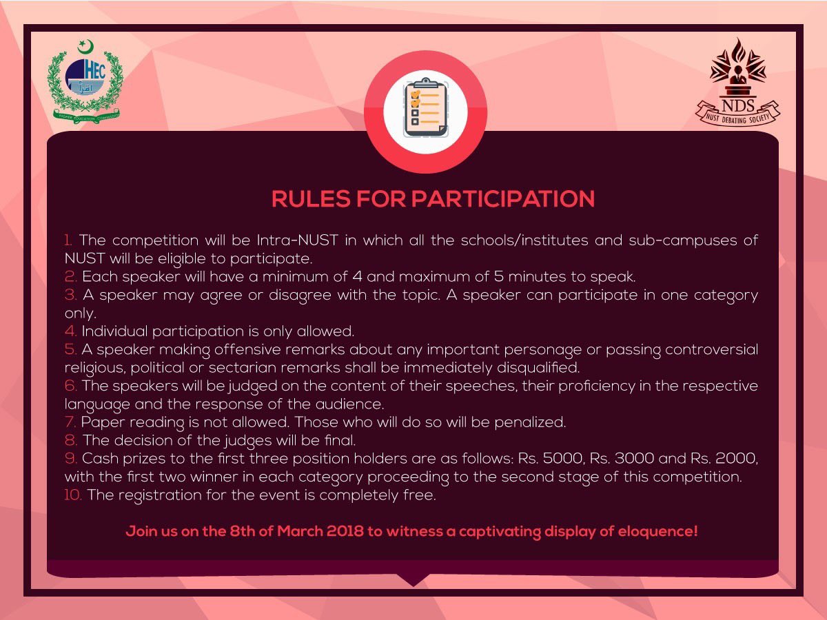 NDS_NUST's tweet photo. The rules and regulations associated with an event need to be carefully accounted for before one can participate, so here they are!  

Register yourselves right here: 

https://t.co/YFnCLUR8uR https://t.co/UK2ijwK2GC
