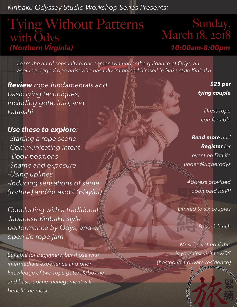 riggerodys's tweet photo. 3/18: spread the word! KinbakuOdyssey workshop with Odys. Limited tickets are still available! More info on Fet, or DM. #kinbaku #workshop #ropeworkshop #shibari https://t.co/ZlLbHDkkun