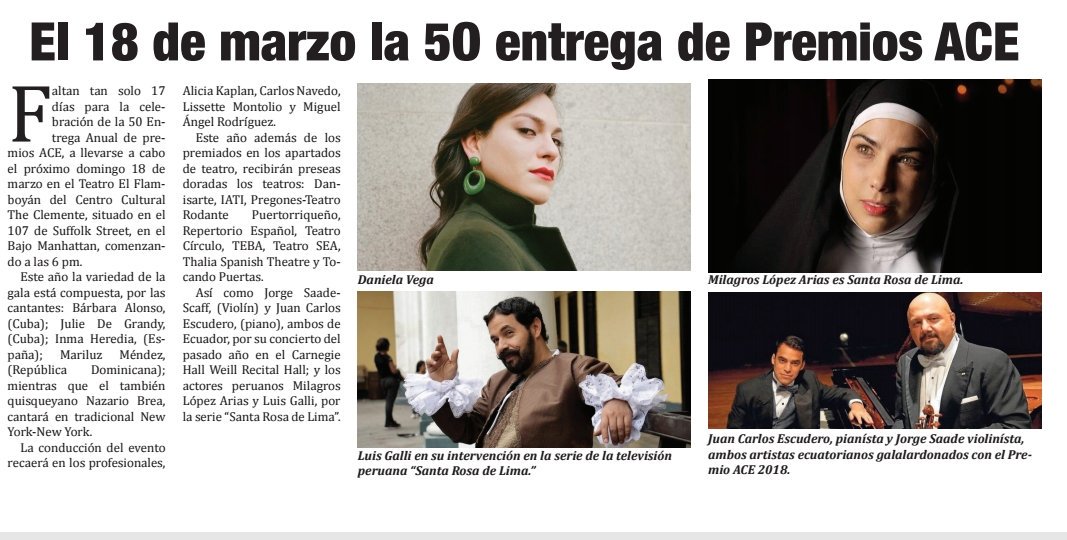 El 18 marzo próximo en la ciudad de NY Juan Carlos y yo recibiremos el Premio ACE 2018 que otorga la Asociación de Críticos de Espectáculos de New York por nuestro recital en Carnegie Hall.