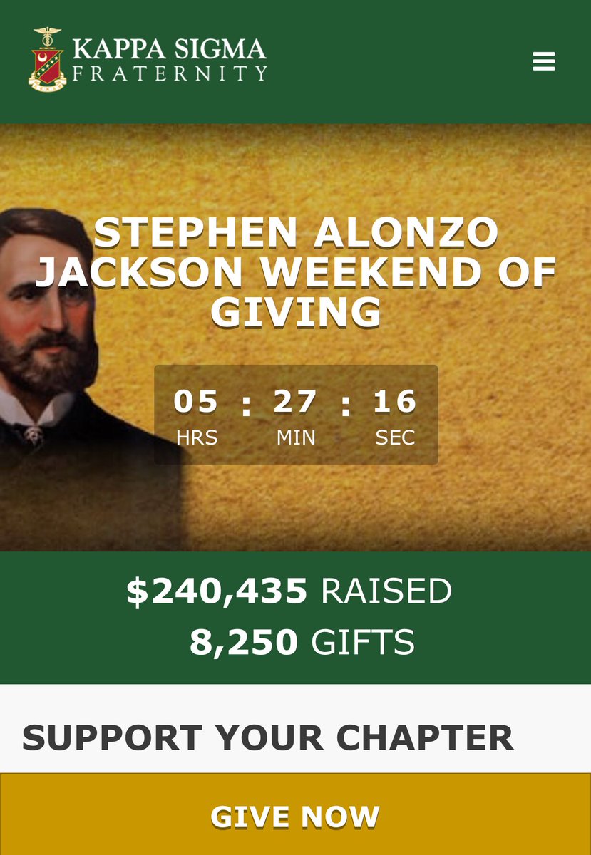 KappaSigmaWGM's tweet photo. Watching the donation total climb so rapidly in the name of our fraternity’s greatest brother, and future brothers, is awesome. So proud to be a Kappa Sigma. #SAJGiving #AEKDB #NotDoneYet https://t.co/w6iKnsGgAD