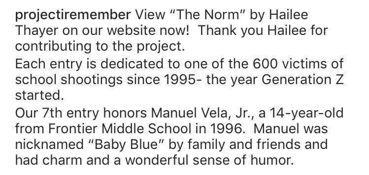 ProjctIRemember's tweet photo. No. 7 for Manuel Vela Jr.
Hailee Thayer honors Manuel with her interpretation of these images in “The Norm.”
To read more, view our website! Link in our bio! https://t.co/HslkLQaTWh