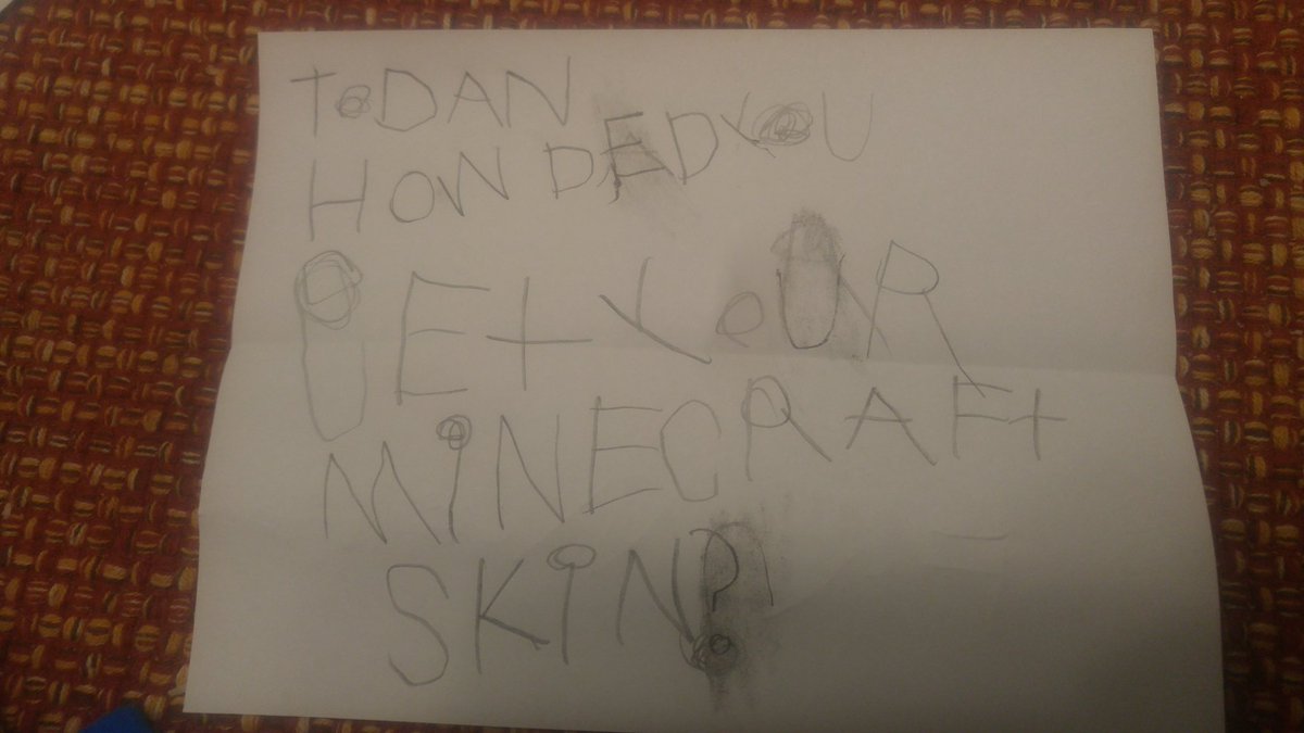 MrsDataTV_'s tweet photo. @dantdm my son wrote you a letter. To Dan, How did you get your minecraft skin? From Connor. He awaits your reply :) https://t.co/I2maEhLPz4