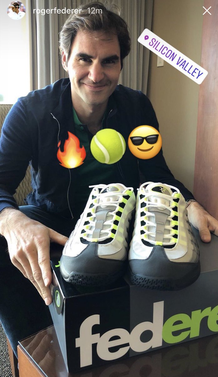 FedererFan07's tweet photo. #Federer via Instagram story few minutes ago, putting on his @Nike #AirMax95RF. See more at https://t.co/Rfw1QLPkoU, follow @FedererFan07 for more on #MatchForAfrica/#MatchForAfrica5 tomorrow in San Jose. https://t.co/BoYHMJ4oON