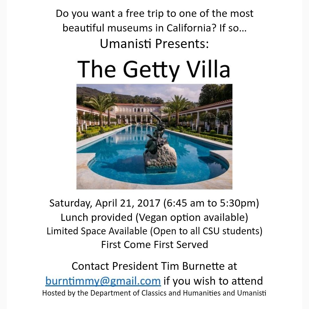 CALCouncilSDSU's tweet photo. Umanisti is having a trip to the Getty Villa museum on April 21st!  Email the president at burntimmy@gmail.com to RSVP and for detailed instructions regarding the trip. Space is limited so hurry! 😱 #umanisti #calstudentcouncil #sdsu #gettyvilla #humanities https://t.co/b3deplncLB