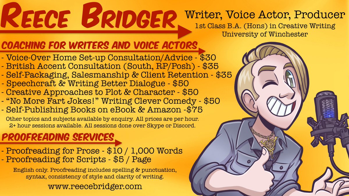 Reece_Bridger's tweet photo. New coaching topics, prices and proofreading rates! Voice actors, writers, and authors looking for some outside advice and feedback backed up by experience and a slightly inflated ego email or message me today! https://t.co/KawWXyoU3j