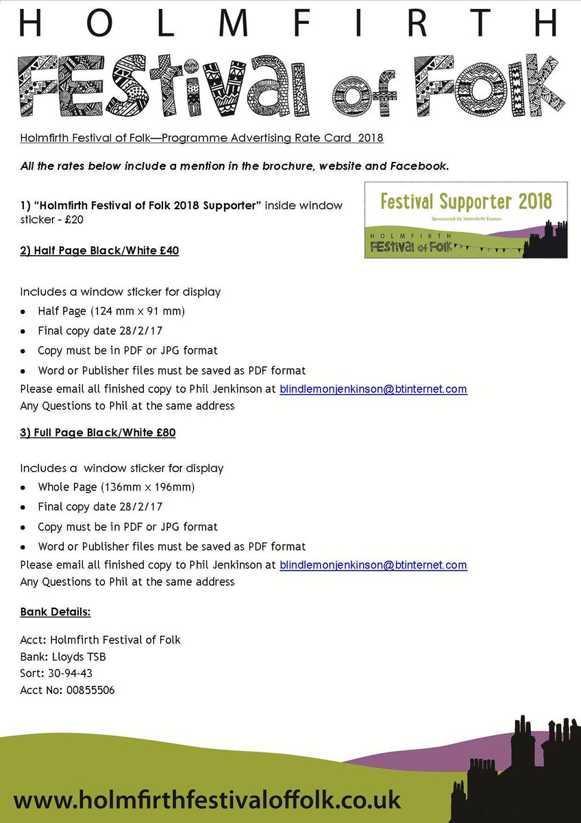 HolmfirthEvents's tweet photo. Would anyone else like to advertise their business in the @Holmfirthfof Brochure? #Holmfirthhour Please let us know, thank you. https://t.co/GT72ewEEPJ