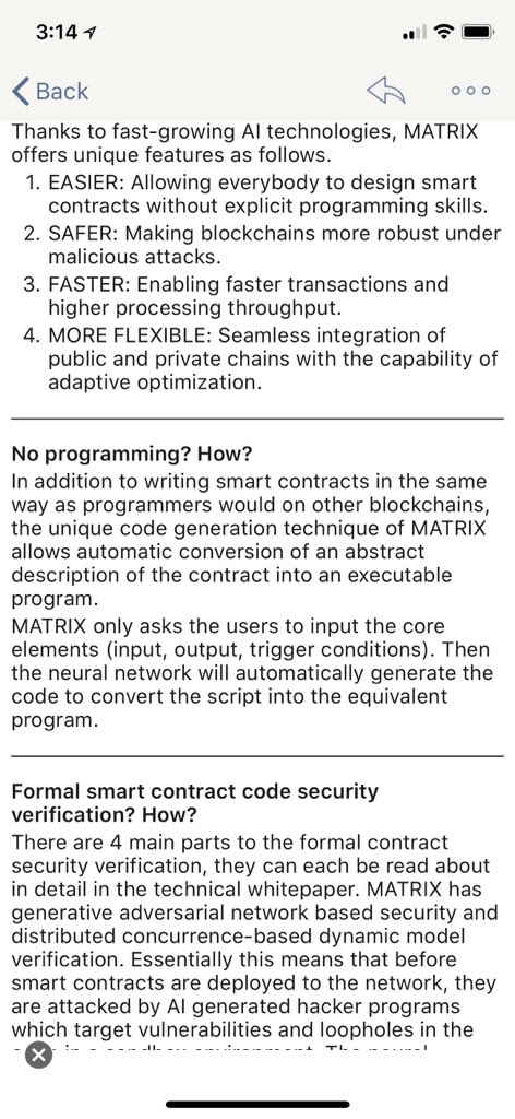 tedward2723's tweet photo. @007Macmac007 I have concerns with Matrix AI, in their FAQ they say the smart contract code will be written by AI, but there is currently NO Ai that can do that not even IBM’s Watson or Google’s deep learning program. The hardware is at least 4-5 years away. https://t.co/Wt7Ey9K4gW