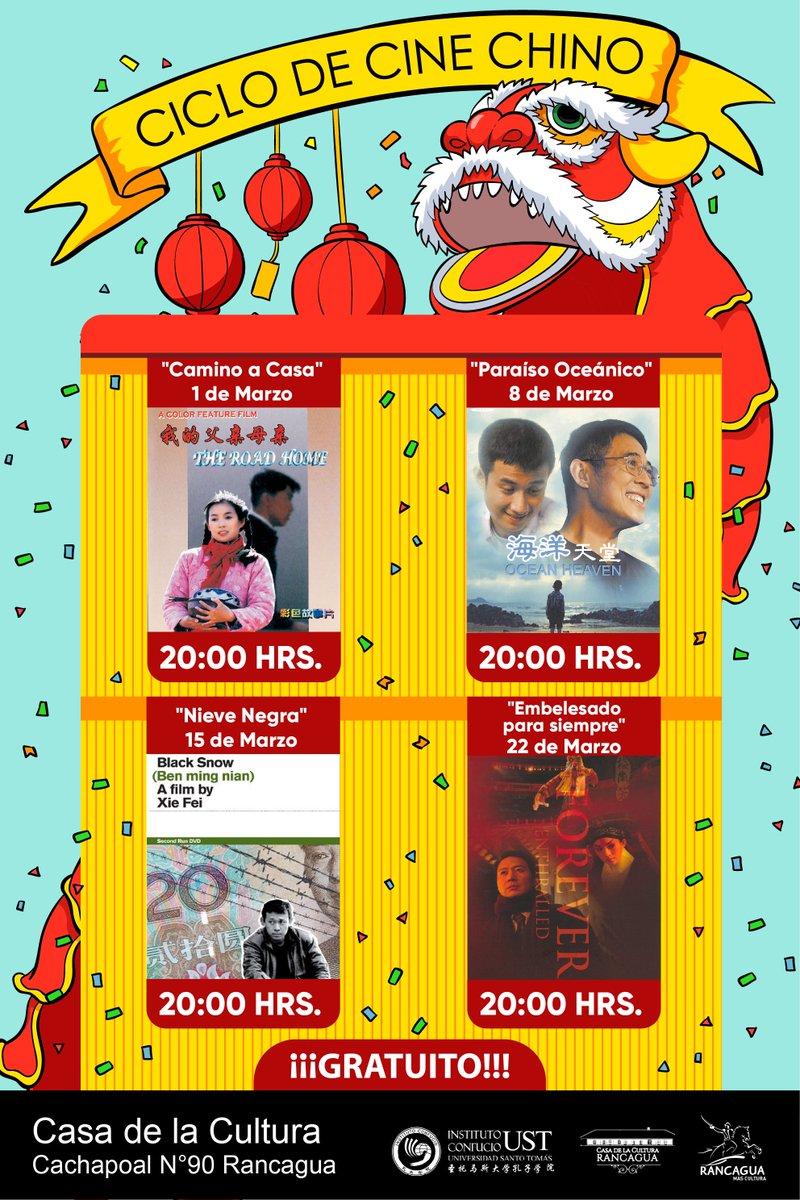 CulturaRancagua's tweet photo. Todos los jueves de marzo disfruta del Ciclo de Cine Chino en Casa de la Cultura, donde además podrás ser parte de un conversatorio sobre la cultura china con la Srta. Wang Yuwei, Maestra de Chino Mandarín del Instituto Confucio de Santo Tomás. 
¡Te esperamos!
#Rancagua https://t.co/JQNhxMiIgd