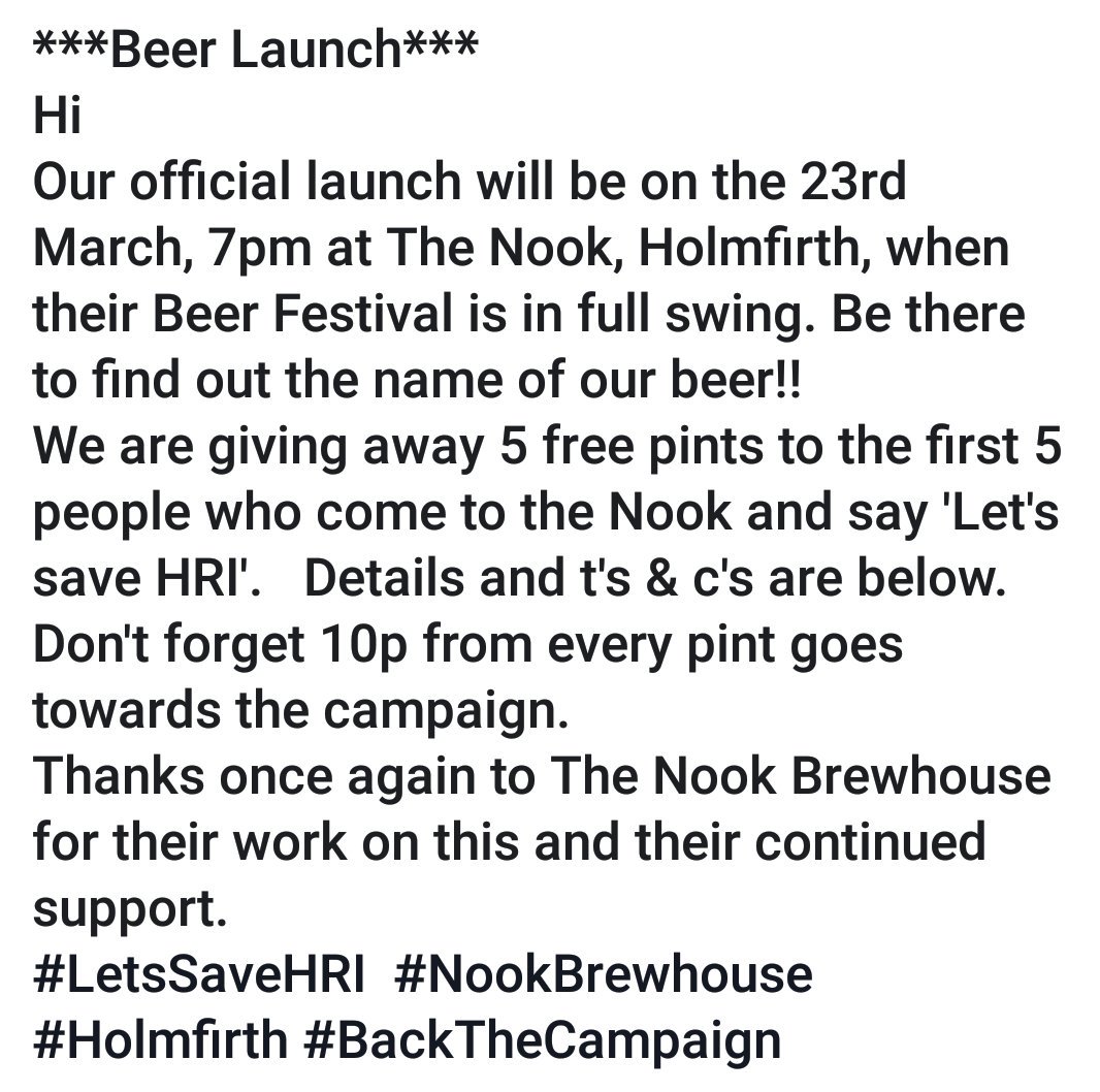 LetsSaveHRI's tweet photo. ***Beer Launch***
@NookBrewhouse @HolmfirthEvents @HolmfirthHour 

#LetsSaveHRI #BeerLaunch #NookBrewhouse #BackTheCampaign https://t.co/vBAZc5OIbb