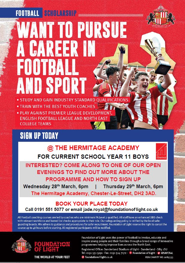 SD_Coaching's tweet photo. In Year 11? Love Football? Want to become a better player? Want to train everyday &amp; get an education? 

Then come along to an open evening to find out more about the @SAFCFoL Football Scholarship programme starting @TheHermitageCLS in Sept

Book your place today ⚽️ - pls RT https://t.co/57EiXjTRK7