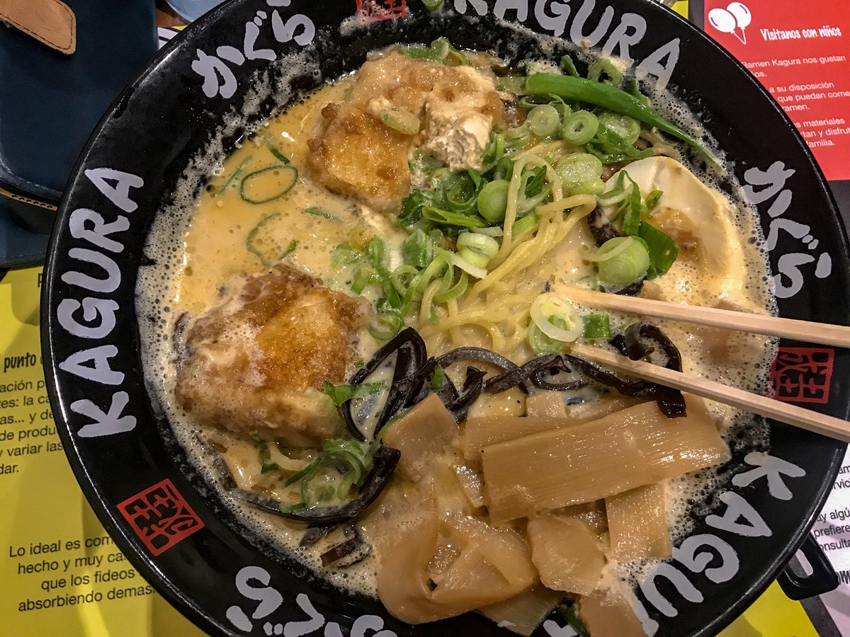 WomanManJapan's tweet photo. Without doubt, the best Vegetarian Ramen we’ve EVER had @Ramen_kagura in Madrid. 9/10. Incredible soy milk miso broth and soft deep fried tofu. As good as a meat one and we’re going back for more tomorrow! #ramenreviews https://t.co/lRt7tCKViF