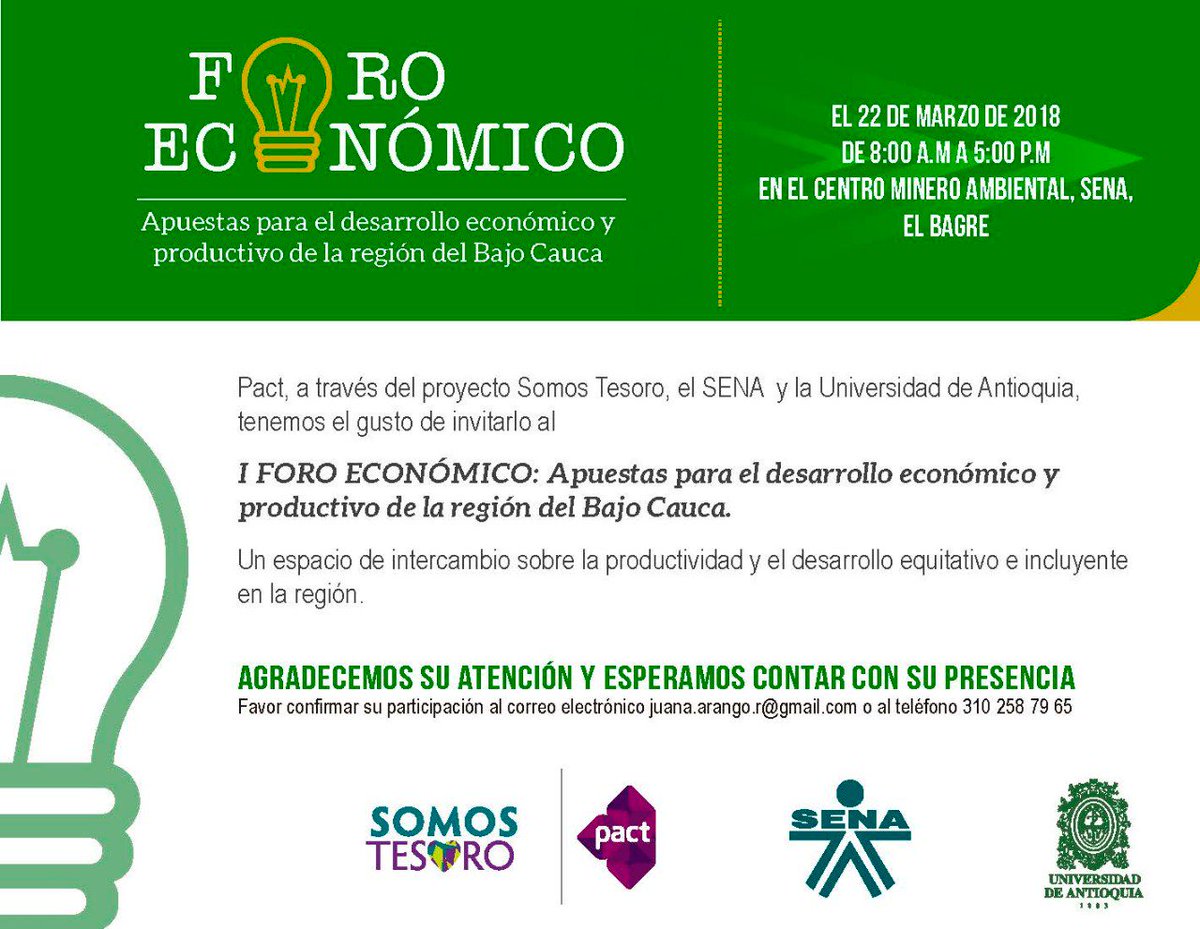 CRDFORM_SENACNM's tweet photo. El próximo 22 de marzo desde la Fundacion @SomosTesoro la Seccional @UdeABajoCauca y nuestro @SENAComunica invitamos al Foro Económico "Apuestas Productivas para  nuestro @bajocauca_com " donde expertos de la Región, el Departamento  y el País hablaran de este valioso tema. https://t.co/Gl2eN1oPv7