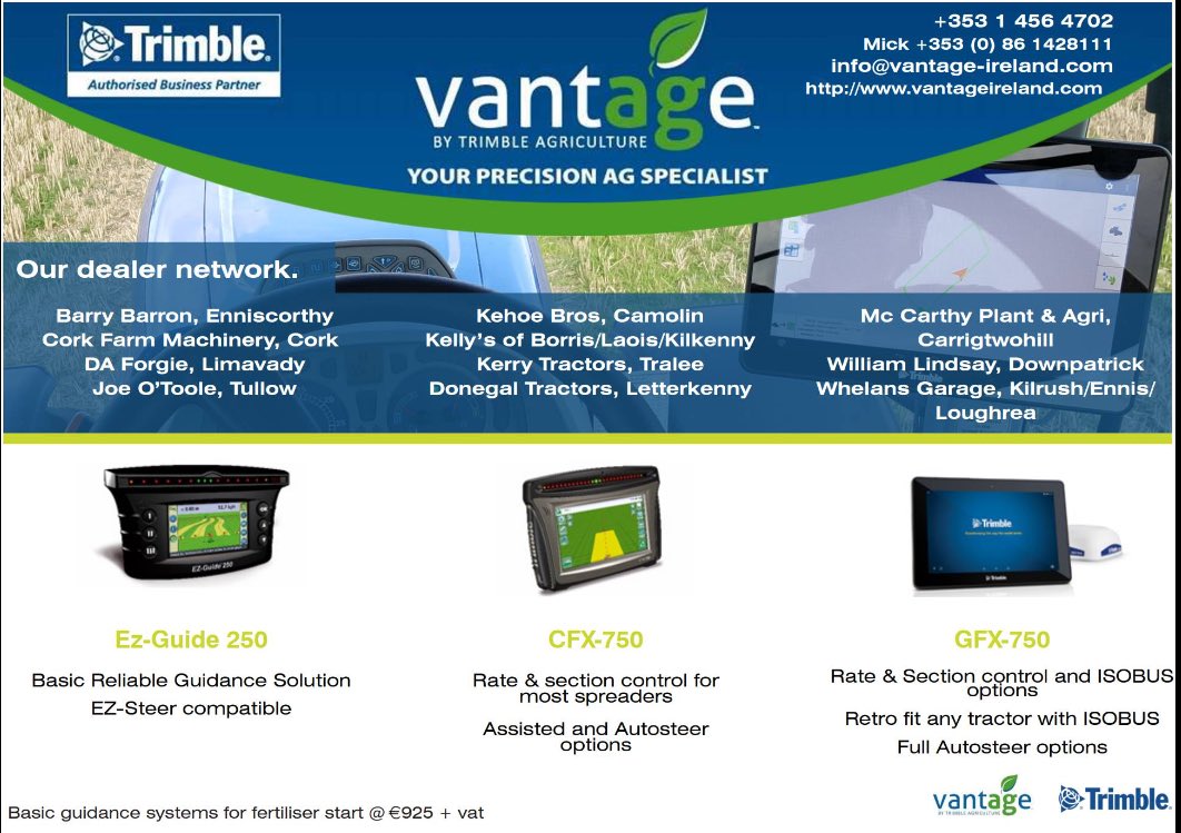 Vantage_Ire's tweet photo. For basic reliable guidance you won't get better than a @Trimble_Ag #EzGuide250 , Field area, area covered and guidance all in a compact easy to use 4'' display with a lightbar. Upgrade-able to AG-15 antenna for spraying applications. For Rate &amp; Section control we have #CFX750 https://t.co/2JPPNj0Jz8