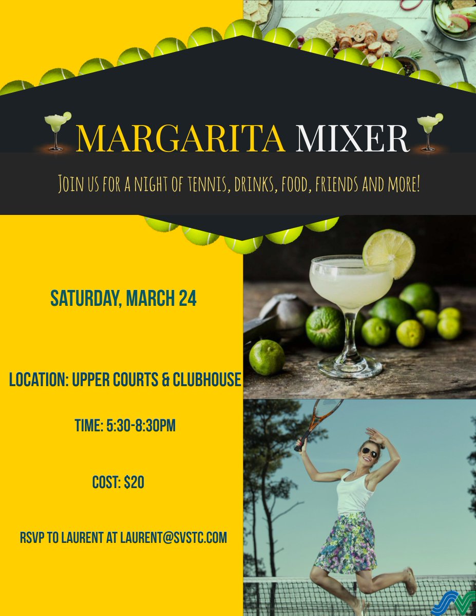 ScottValleyClub's tweet photo. Join us on March 24 from 5:30-8:30pm for our annual Margarita Tennis Mixer! RSVP online or to our Tennis Director Laurent at laurent@svstc.com. https://t.co/bgFfmuwmXi