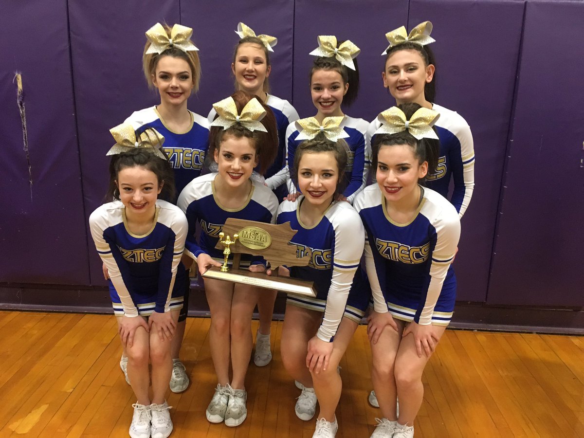 AztecAthletics's tweet photo. All they do is win! Our Varsity Cheer squad adds to their trophy case by winning the D2 Central Regional Championship today at Holyoke HS!!! (That's a 3-peat for those counting). Unbelievable feat! Now on to the state competition next Sunday at Whitman-Hanson. @AssabetCheer https://t.co/3ohZfAvk3H