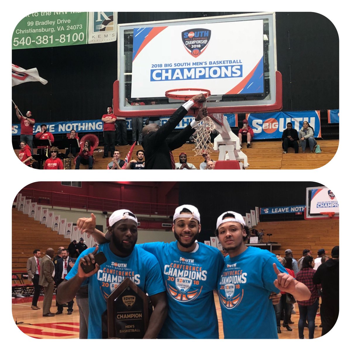 ScooterD's tweet photo. What a game! @RadfordMBB are your @BigSouthSports champions! 🏀🏆 Congrats @RUMikeJones! @CarlikOfficial with the #dagger3! 💯👊🏼🔥
#OwnYourColors #GoingDancing #MarchMadness https://t.co/8MQaPdSRCj
