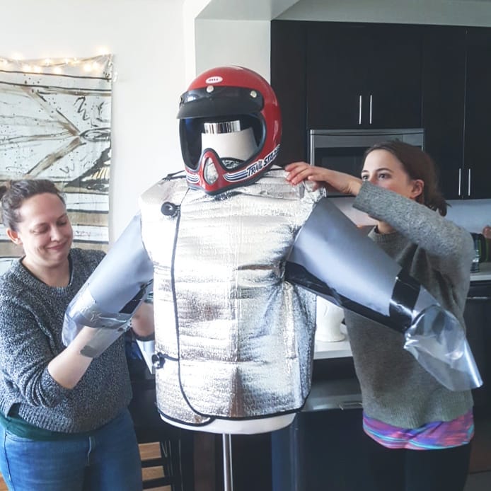 #advent #diy #artdirector @ehtoozee with actress #laurapiccoli making the DIY insulation/decontamination suits. Reading tomorrow at @theplayersny adventreading.bpt.me