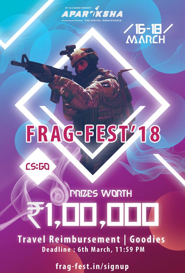 FragFestIIITA's tweet photo. Frag-Fest' 18, with a CS:GO Tournament and a prize pool of ₹1,00,000.

Prelims are online, registrations are free and top teams in prelims get awesome goodies. :D

Register before 6th March, 11:59 PM
https://t.co/rnkwSpj7SV https://t.co/LFwLNbuo5V