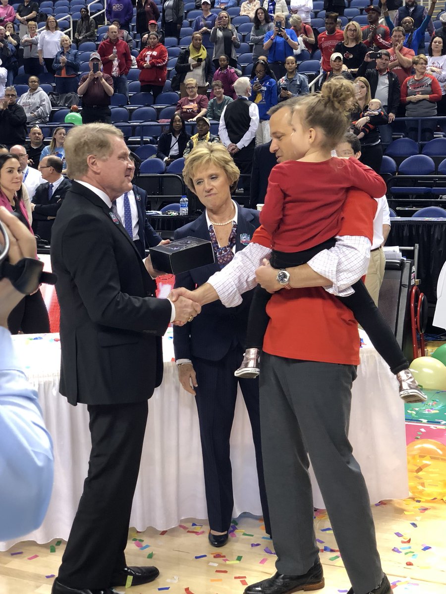 accwbbdaily's tweet photo. Jeff Walz, Asia Durr, Myisha Hines-Allen and Sam Fuehring accept their championship trophies. #accwbb https://t.co/Rdv4TPYh6i