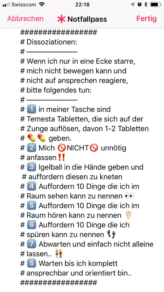lebenspuenktli's tweet photo. Habe eine 🆘 Anleitung für meinen Notfallpass bei einer akuten Dissoziation erstellt..
Hoffe ich werde diese nicht brauchen müssen, aber wenn doch hoffe ich das dieser helfen wird mir zu helfen ..
#Dissoziation #Disso #Angst #Panik #Notfall #Notfallpass https://t.co/cdLmoJX0RD