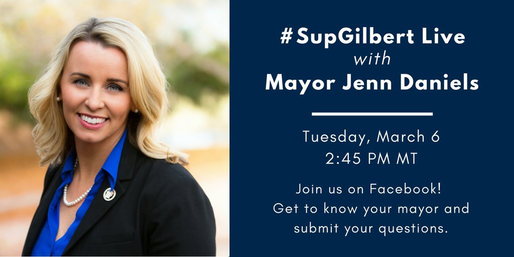 GilbertYourTown's tweet image. Have a question for @GilbertAZMayor? Just reply below!

Then join us on Facebook for a #SupGilbert Live to hear her response and get to know her better. 👋

📆 Happening Tuesday, 3/06 at 2:45 PM MT 👉 bit.ly/gilbertfacebook

#LifeInGilbert #GilbertAZ