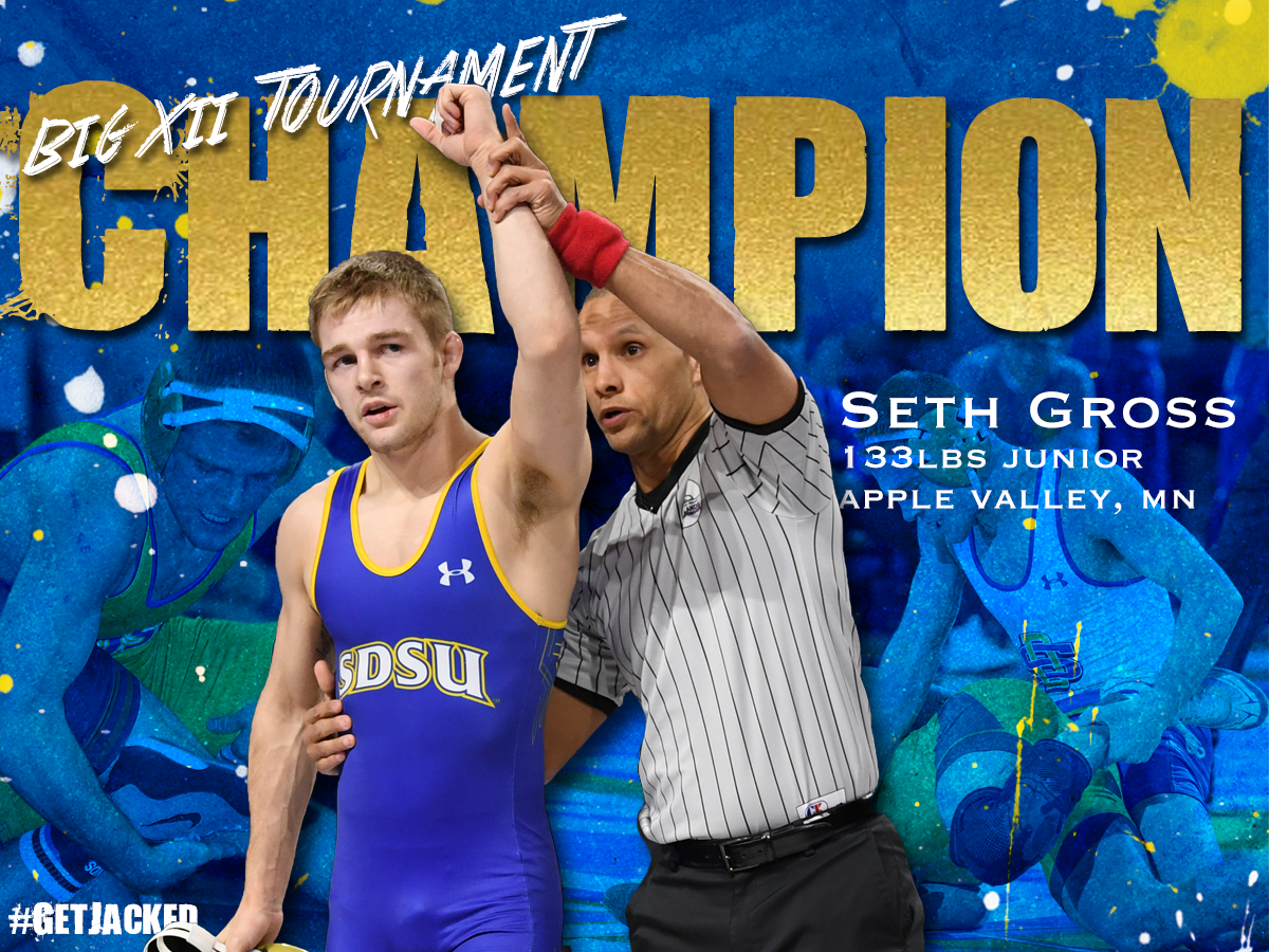 GoJacksWrestle's tweet photo. 133: Seth Gross repeats as Big 12 Champion! He defeats Kaid Brock (Oklahoma State) by an 8-5 decision. https://t.co/XX978ICBhi