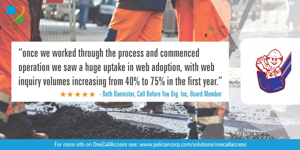 PelicanCorp's tweet photo. Customer Feedback – Thank you Beth, from the Call Before You Dig board for your feedback on upgrading your service with PelicanCorp’s #OneCallAccess. For more information on our solution, head to: https://t.co/w6gNOsZeJM https://t.co/dQ8CFc81RK