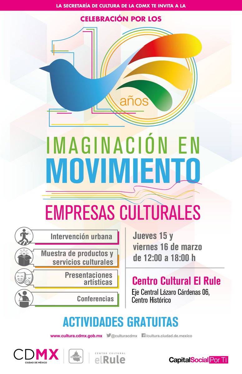 CulturaCiudadMx's tweet photo. El programa "Imaginación en movimiento", nuestra incubadora de empresas culturales, celebra su décimo aniversario con diversas actividades en @ElRuleCDMX. ¡Acompáñanos! https://t.co/kzgHOpNsmW https://t.co/WkcLTZ4Tef